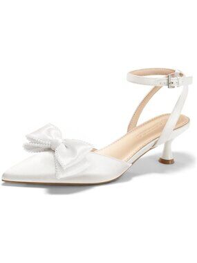 Women's White Satin Kitten Low Heels Bow Pearl Closed Pointed Toe Ankle Strap